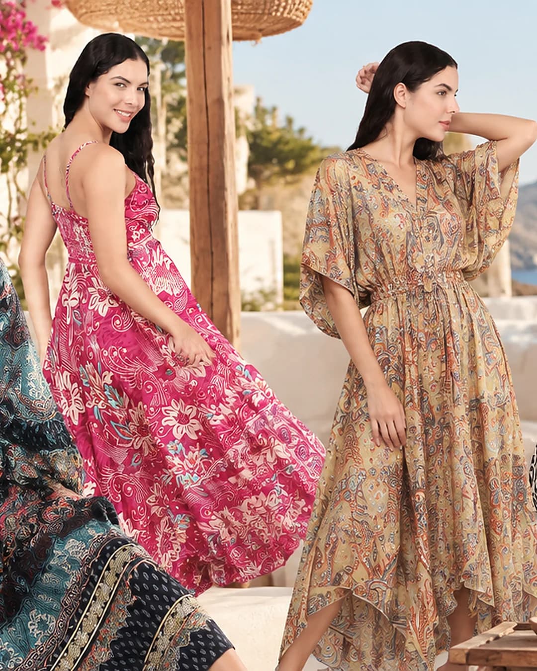 Models in boho printed dresses on a whitewashed terrace above the sea
